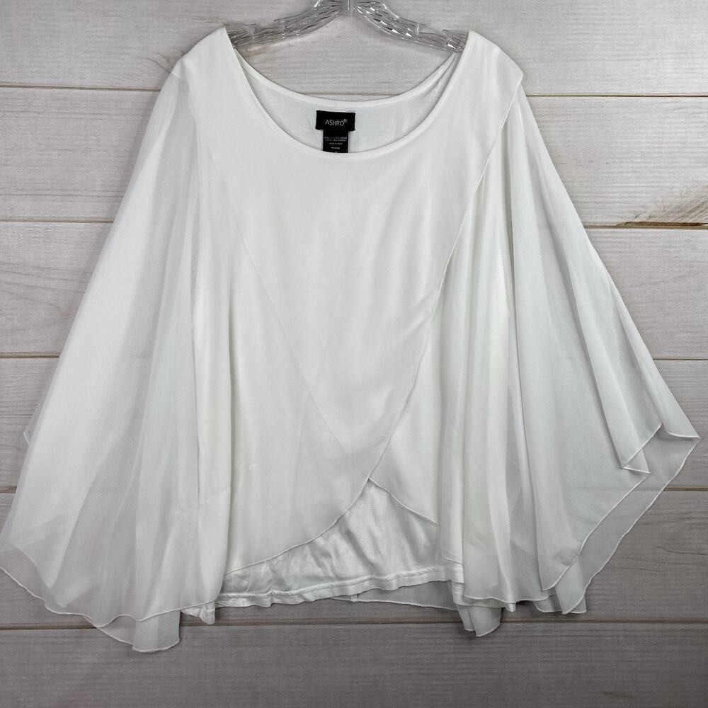 ASHRO Blouse Womens 2X White Tank Lined Sheer Overlay Poncho Style Stretch